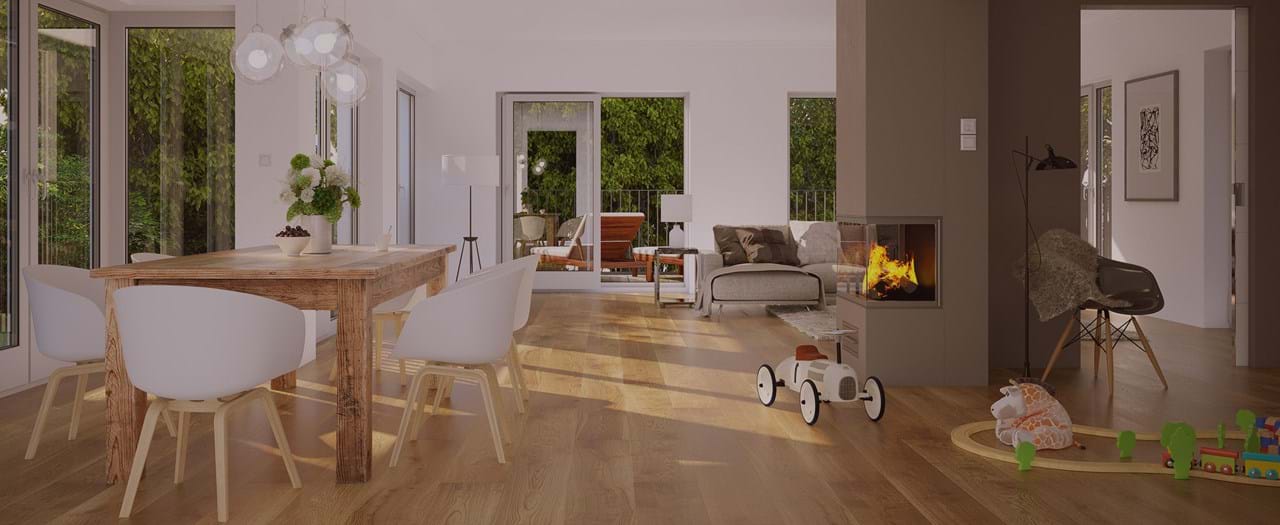 Stue med møbler og trægulv